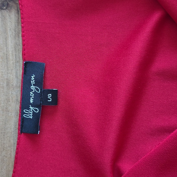 2/25$ Lily Morgan Red Ruffled Long Sleeve Lined Blouse, size L - Picture 8 of 14